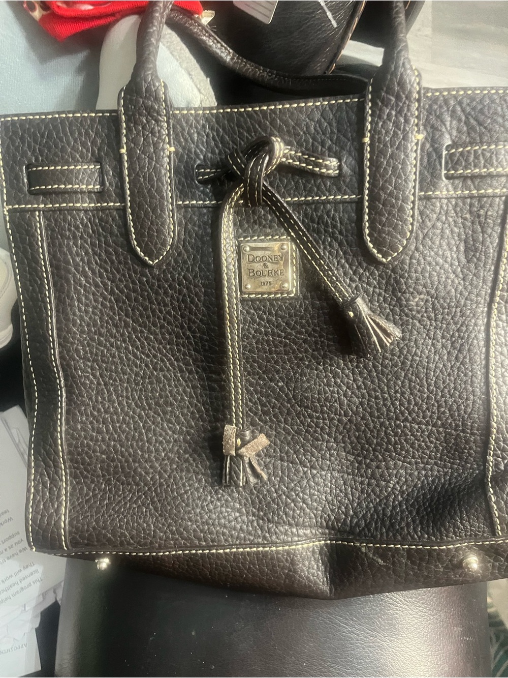 Dooney & Bourke Black Pebbled Leather Tote with Tassel Drawstring